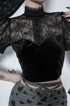 - Get ready to make a statement with this Gothic Spider Web Mesh Patchwork Half Button Short Sleeve Top - This top has a unique look, featuring a spider web mesh patchwork design and half button closure - Made from high-quality, soft, and comfortable fabric, this top is perfect for any gothic occasion - It's sure to be a hit with all your friends! Gothic Spider, Gothic Style, Patchwork Designs, Spider Web, Gothic Fashion, Short Sleeve Top, Summer Women, Short Sleeves Tops, Sleeve Top