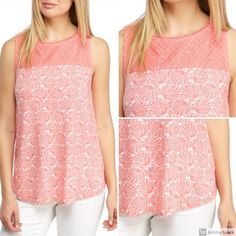 Crown & Ivy Women's Sleeveless Coral And White Ocean Sea Shell Printed Casual Top With Crew Neck, Crochet Pom Pom Trim Yoke, Jersey Knit, Rounded Hem, Relaxed Fit. Beach Vacation Cruise New With Tags Retail $40.50 Sizes: Women's Adult X-Small (0-2) Style: 7264275 Collection: Essentials Color: Coral White Length 27" Back Neck To Hem Bust: 33" Around Fabric: 60% Cotton, 40% Modal Care: Machine Washable *Add To Bundle For Additional Order Discounts* Feminine Sleeveless Stretch Lace Top, Feminine Stretch Sleeveless Lace Top, Feminine Sleeveless Tops With Crochet Trim, Feminine Sleeveless Crochet Top With Crochet Trim, Feminine Sleeveless Lace Top With Crochet Trim, Pink Sleeveless Lace Top With Lace Trim, Sleeveless Pink Lace Top With Lace Trim, Feminine Sleeveless Crochet Top For Beach, Feminine Sleeveless Lace Top For Beach