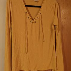 Womens Lace Up V Neck Popovertop Long Sleeve Solid, Golden Slash Mustard Yellow Size - Medium Never Worn Like New Cheap Mustard V-neck Blouse, Yellow Tie, Yellow Ties, Tie Top, Mustard Yellow, Mustard, Long Sleeve Tees, Like New, Lace Up