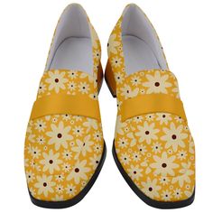 Yellow Loafers, Loafers Women, Yellow Shoes Women, Loafers Vintage Style, Pin up Loafers, Daisy Shoes, Chunky Heels Women, retro shoes Designed in California, Handmade to order from overseas. SIZE UP HALF A SIZE FOR BETTER FIT, say you are a size 7, please pick 7.5 I designed this yellow loafers for women who loves vintage style shoes and pin-up fashion. These delightful shoes feature a captivating yellow color with a cute daisy floral print, adding a touch of whimsy and nostalgia to any dress o Retro Round Toe Loafers For Spring, Retro Spring Leather Loafers, Slip-on Spring Dress Shoes With Closed Toe, Spring Slip-on Dress Shoes With Closed Toe, Retro Closed Toe Loafers For Work, Retro Fall Loafers For Office, Retro Loafers For Office In Fall, Flat Dress Shoes With Rubber Sole For Spring, Vintage Oxfords For Spring Office Wear