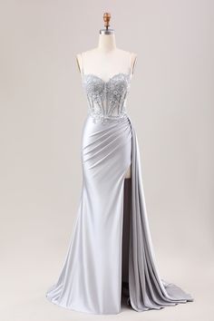 Silver Satin Prom Dress, Long Corset, Black Lace Formal Dress, Silver Prom Dress, Sequin Evening Dress, Silver Mermaid, Corset Dress Prom, Sequin Evening Dresses, Sequin Prom Dresses