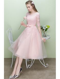 Cute Pink Lace Half Sleeve Tulle Wedding Party Dress Knee Length #E9805 - GemGrace.com Knee Length Princess Dresses, Pink Spring Bridesmaid Dress For Banquet, Spring Pink Bridesmaid Dress For Banquet, Spring Banquet Pink Bridesmaid Dress, Tulle Tea-length Wedding Dress, Pink A-line Bridesmaid Dress For Banquet, Pink Tulle Bridesmaid Dress For Banquet, Lace Bridesmaid Dress For Prom Season, Spring Bridesmaid Dress In Tulle For Banquet