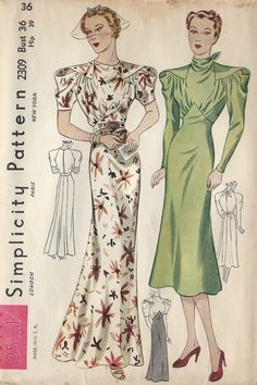 ~ Circa/Date: 1930s ~ Details:   TWO-STYLE VARIATION DRESS ~ Size/Measurements:   ~ Size: ~     ~ Bust: 36″   ~ Waist: 30″    ~ Hip: 39″  (Inches) ~ Please Note: ~ You are buying a 'Professional Reproduced' copy of this sewing pattern. Copied from the original sewing pattern. Produced in Full Scale Pattern Pieces ready to cut with full instructions included. Reproduced on high quality 50 gm paper with black ink, durable and easier for reuse. Printed by a Professional Printing Company.   ~ With this product comes an accompanying 'Booklet' and inside the Booklet it includes: ~ A 2-page Instructions and Illustrations on 'How to Adjust Your pattern to your Personal Measurement.' ~ Personal Measurement Chart ~ Body Form Illustrations ~ Fitting Checklist ~ Metric Equivalency Chart ~ Note Pages ~ 1930 Style, Thirties Fashion, Evening Gown Pattern, Blithe Spirit, 1930 Fashion, 1930's Fashion, 30s Fashion, Antique Fashion, Vintage Dress Patterns