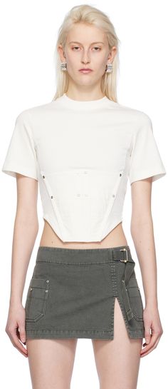 Organic cotton jersey T-shirt. · Rib knit crewneck · Utility pocket and rivets at front · Boning at front · Asymmetric hem · Logo-engraved silver-tone hardware Supplier color: Ivory White Corset Shirts, Corset T Shirt, Lee White, Dion Lee, Silver Engraving, Knit Crewneck, Color Ivory, White Shop, Rivets