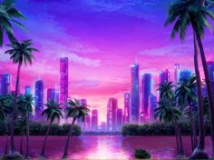 a painting of palm trees in front of a city skyline