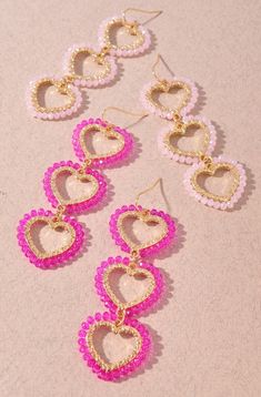 Triple Heart Earrings Cheap Statement Beaded Earrings With Heart Beads, Pink Beaded Heart Earrings For Party, Valentine's Day Heart Beads Open Heart Earrings, Heart Bead Drop Earrings For Party, Pink Heart Beads Earrings For Party, Beaded Dangle Heart Earrings For Parties, Pink Heart-shaped Beaded Earrings For Parties, Pink Beaded Heart Earrings For Valentine's Day, Pink Heart-shaped Beaded Earrings