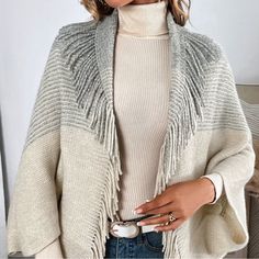 New Without Tags Royal Rose Cozy Soft Cocoon Sweater One Size Measurements Posted In Pictures Beautiful Block Fringe, Open Front Poncho, Minimalist Gown, Cocoon Sweater, Pull Beige, Poncho Cardigan, Fringe Cardigan, Boho Sweater, Preppy Casual