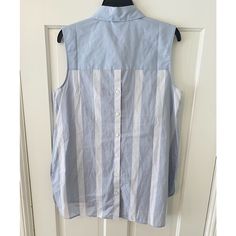 Halogen Nordstrom New With Out Tags Never Worn Size L Blouse Collared Sleeveless Button Down Long Baby Blue White Stripe Length About 28.5” Front 30” In Back Underarm To Underarm About 19” White Sleeveless Shirt For Daywear, Casual Sleeveless Shirt For Daywear, Blue Sleeveless Buttoned Blouse, Sleeveless Blue Blouse With Buttons, Striped Shirts, Collar Blouse, Button Down Collar, Collar Dress, Striped Shirt