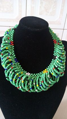 African Beaded Jewelry, African Jewelry, Green Necklace, Tribal Necklace, Boho Necklace, Women Jewel Green Polished Beads Necklace For Festivals, Green Polished Beaded Necklace For Festival, Green Tiny Beads Necklace For Festival, Green Necklace With Spacer Beads For Festivals, Traditional Green Necklaces With Beaded Chain, Green Festival Necklace With Spacer Beads, Green Necklaces With Spacer Beads For Festivals, Artisan Green Beaded Chain Necklace, Traditional Green Beaded Round Necklaces