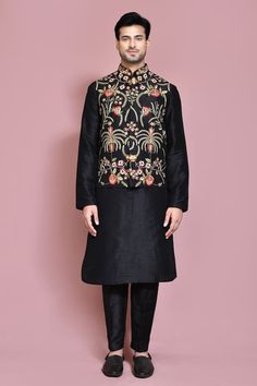 Black nehru jacket featuring multi color leaf and floral motif resham thread embroidery. Paired with a solid kurta and pyjama. - Aza Fashions Festivals Nehru Jacket With Resham Embroidery And Stand Collar, Festive Nehru Jacket With Floral Embroidery And Stand Collar, Formal Black Nehru Jacket With Resham Embroidery, Black Fitted Nehru Jacket With Resham Embroidery, Fitted Black Embroidered Nehru Jacket, Black Nehru Jacket, Unstitched Black Embroidered Nehru Jacket, Designer Long-sleeve Embroidered Nehru Jacket, Kurta Set For Men