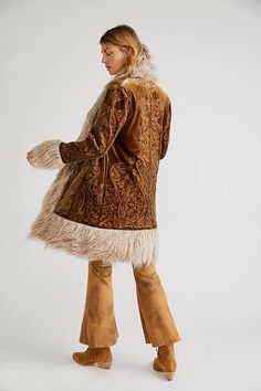 Moon Glow Coat | Free People Penny Lane Coat, Printed Velvet, Trim Jacket, Moon Glow, Western Outfits, 70s Fashion, Soft Velvet, Fur Trim, Boho Outfits