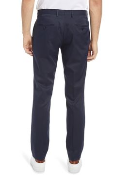 Crisp, classic and versatile, these staple flat-front chinos sport a handsomely tailored fit and a creased finish that keep them smart styled up or down. 14" leg opening; 10" front rise; 15" back rise (size 32)   Zip fly with hook-and-bar closure   Front slant pockets; back button-welt pockets   Partially lined   100% polyester   Dry clean   Made in Turkey   Hugo Boss/BOSS/HUGO has received the Fair Labor Association accreditation, which signifies that the company has effective systems and proce Welt Pockets, Welt Pocket, Hugo Boss, Parachute Pants, Dark Blue, Dry Clean, Nordstrom, Slim Fit, Pants