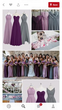 the bridesmaid dresses are all different colors and styles, but one is purple