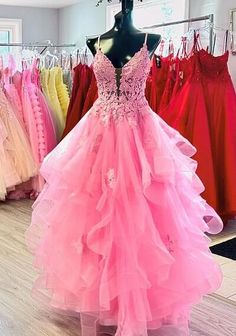 Pink Tulle Skirt Gown For Gala, Lace Gown With Ruffles For Prom Season, Organza Prom Gown With Ruffles, Pink Ball Gown With Lace Bodice For Prom, Pink Lace Bodice Ball Gown For Prom Season, Organza Ball Gown With Ruffles For Prom, Prom Gown With Ruffles In Organza, Party Gown With Lace Ruffles, Ruffled Tulle Evening Dress For Prom