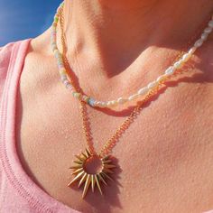 The Sun Pendant Symbolizes Warmth, Positivity, And A Radiant Glow. Embrace The Sun's Positive Energy And Add A Touch Of Glamour To Your Everyday. Longer Length Is Perfect For Layering. Waterproof, Pool-Proof, And Sweat-Proof - You Will Never Have To Take It Off. The Perfect Gift For The Sun-Worshipper In Your Life! ~18k Pvd Gold On Stainless Steel (Waterproof & Hypoallergenic) ~Necklace Measures 18" With 2" Extender Waterproof Necklace Non-Tarnish Gold Jewelry Gift For Mom Resort Wear Vacation S Mom Vacation, Beach Charm Necklace, Sun Worshipper, Waterproof Necklace, Sunburst Necklace, Hypoallergenic Necklace, Vacation Jewelry, Gold Sunburst, Beachy Jewelry