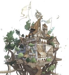 a drawing of a house on top of a tree with lots of trees around it