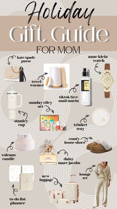 the holiday gift guide for mom is shown in this graphic above it's image