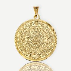 Aztec sun calendar pendant in 18k of gold plating 38mm charms & pendants Gold Sun Design Pendant Jewelry, Gold Jewelry With Sun Design, Symbolic Gold Jewelry With Sun Design, Gold Jewelry With Sun Design In 14k Gold, Sun Calendar, Aztec Sun, Aztec Gold, Mayan Calendar, Aztec Calendar