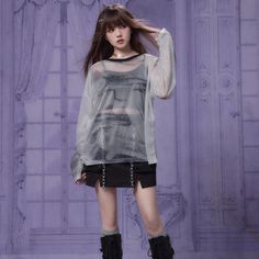 <Material> 






 Polyester 









<Size> 






 One size: Shoulder width 65cm Bust 124cm Hem circumference 124cm Sleeve length 54cm Length 63cm









 ＜Model wearing＞



 Wearing size 





 One size




 Model Dimensions



 Height: 163cm

 Weight: 43kg Fall Sheer Crew Neck Blouse, Long Sleeve Grunge Tops For Spring, Oversized Long Sleeve Harajuku Tops, Trendy Long Sleeve Mesh Top For Winter, Long Sleeve Mesh Top For Winter Layering, Casual Long Sleeve Mesh Top For Fall, Winter Long Sleeve Mesh Top For Layering, Sheer Tops For Alternative Fashion, Casual Long Sleeve Sheer Mesh Top