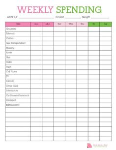 a printable weekly spending sheet with the words, week and month on it's side