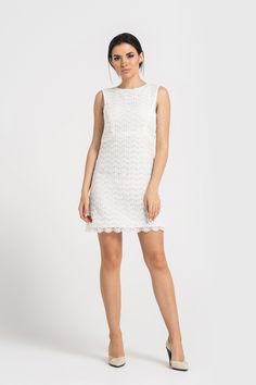 "A minimalist lace dress featuring trapeze silhouette, open back, and a mini length. - scoop neck - sleeveless - trapeze silhouette - above the knee length (mini) - backless (also you are able to order this dress with a fully closed back ) - concealed side zipper closure - fully lined Color : white Fabric: lace - 50 % cotton, 50 % polyester Lining: viscose - 95%, elastane - 5% For Size S: dress length - 33,5\" (85 cm). Our model wears size S (US 6) and is 171cm/5'7\" tall. MORE DRESSES: https:// Sleeveless Lace Bodice Mini Dress For Wedding, Sleeveless Mini Dress With Lace Bodice For Wedding, White Mini Length Lace Dress With Lace Back, Chic White Mini Dress With Lace Back, Sleeveless Lace Bridesmaid Wedding Dress, Elegant Sleeveless Dress For Bridal Shower, Sleeveless Lace Dress For Bridal Shower, Elegant White Lace Dress For Bridal Shower, Sleeveless Bridesmaid Lace Dress With Lace Back