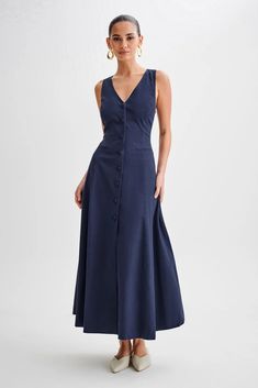 Theodora Cotton Buttoned Midi Dress - Navy | MESHKI U.S Dresses Date Night, Navy Blue Midi Dress, Black Dress Prom, Maxi Dress Sale, Navy Midi Dress, Date Night Dresses, New Arrival Dress, White Mini Dress, Skirt Outfits