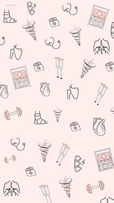 a pink background with black and white medical symbols