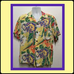 "Vintage 1940s rayon print Hawaiian shirt made by Hawaii Nei. Size small The rayon Hawaiian shirt has a light yellow base color with a vibrant floral print in red, orange, blue. green and white. The shirt has a pointed collar, four coconut button down front, short sleeves and one patch pocket. The label states Hawaii Nei This Hawaii styled and made. The shirt is in good vintage condition.   MEASUREMENTS: (All measurements were taken lying flat) Shoulders -17'' (measured on back of the shirt from Retro Floral Print Shirt With Camp Collar, Yellow Retro Print Short Sleeve Shirt, Yellow Short Sleeve Shirt With Retro Print, Vintage Patterned Printed Hawaiian Shirt, Vintage Yellow Tops For Beach, Vintage Print Shirt For Vacation, Yellow Retro Print Shirt For Summer, Vintage Yellow Top For Beach, Vintage Yellow Top For The Beach