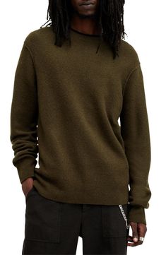 Classic and versatile, this sweater knit with soft wool features a fuzzy texture and a relaxed fit that keeps you comfortable whether you wear it layered or on its own. 27" length (size Medium) Crewneck Long sleeves Ribbed cuffs and hem 45% viscose, 31% wool, 21% polyacrylic, 3% elastane Dry clean or hand wash, dry flat Imported Casual Funnel Neck Merino Wool Outerwear, Casual Merino Wool Outerwear With Funnel Neck, Casual Cashmere Sweater With Funnel Neck, Winter Wool Tops With Relaxed Fit, Cashmere Sweater With Ribbed Cuffs For Cold Weather, Relaxed Fit Merino Wool Sweater With Ribbed Collar, Relaxed Fit Knit Sweater With Funnel Neck, Merino Wool Sweater With Ribbed Collar And Relaxed Fit, Relaxed Fit Cashmere Textured Knit Sweater