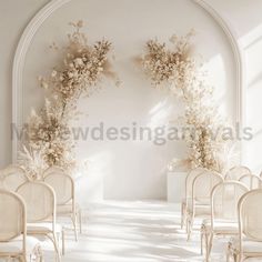 an arch decorated with flowers and white chairs