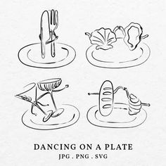 a black and white drawing of food on plates with utensils in the middle