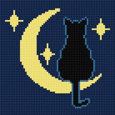 a black cat sitting on top of a crescent with stars in the sky above it