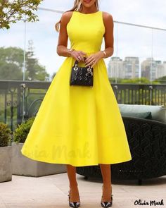 Color: yellow, Size: M Chique Outfit, Solid Midi Dress, Sleeveless Outfit, Yellow Midi Dress, Flared Dress, Midi Cocktail Dress, Midi Dress Summer, Homecoming Dress, How To Look Classy