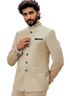 Men's 5 buttons jodhpuri suit -2 pc (Jacket, Pant) made from pure champagne polyester viscose fabric. It has same fabric bottom as trousers.  Perfect for weddings,graduation ceremoney,dating, meeting, yacht party, banquet, hosts' wearing,etc Dry clean only; Made in India Designer Fitted Beige Nehru Jacket, Fitted Cream Nehru Jacket For Formal Occasions, Classic Cream Nehru Jacket For Wedding, Beige Tuxedo Blazer For Groom, Designer Beige Sherwani For Formal Occasions, Beige Long Sleeve Nehru Jacket For Formal Occasions, Beige Tuxedo Blazer For Wedding, Cream Fitted Nehru Jacket For Semi-formal Occasions, Festive Beige Nehru Jacket For Formal Occasions