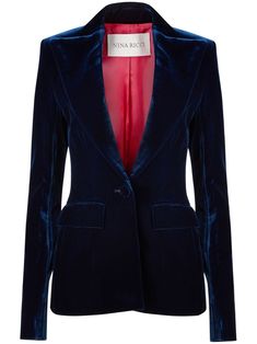 midnight blue wide peak lapels fitted waistline button fastening buttoned cuffs two front flap pockets Velvet Blazer Women, 2024 Wardrobe, Blazer Blue, Navy Velvet, City Dress, Velvet Blazer, Breasted Blazer, Summer Beach Wear, Exclusive Fashion