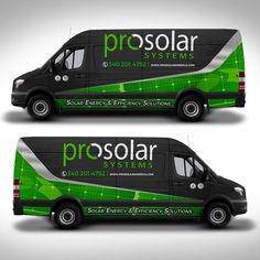 two black and green van wrappers for solar energy systems, with the words prosolar on them