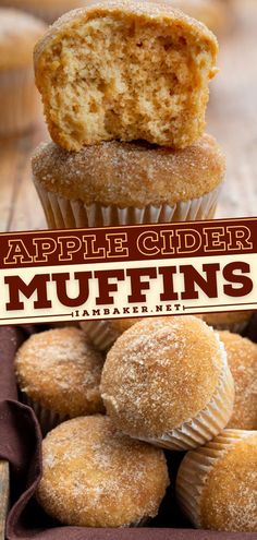 apple cider muffins are stacked on top of each other with the title above them