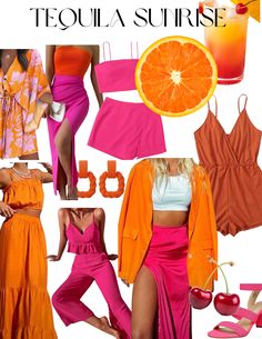 Tropical Destination Bachelorette Party, Bachelorette Party Themes Outfits Scottsdale, Hen Party Colour Theme Outfits, Bachelorette Party Tequila Sunrise, Tequila Sunrise Aesthetic Outfit, Puerto Rico Bachelorette Outfits, Tequila Sunrise Dress Theme, Mexico Birthday Outfit, Coordinating Bachelorette Outfits