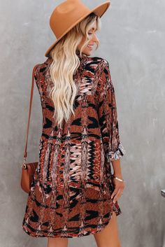 Brown Vintage Floral Pattern Shirt Mini Dress Long Sleeve Shift Shirt Dress For Vacation, Shift Fit Long Sleeve Shirt Dress For Vacation, Vacation V-neck Printed Shirt Dress, Printed V-neck Shirt Dress For Vacation, Printed Collared Dress For Day Out, Summer Bohemian Collared Dress, Bohemian Collared Summer Dresses, Long Sleeve Shift Shirt Dress For Day Out, Casual Fall Tunic Blouse