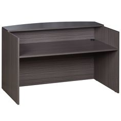 an office desk with two shelves and one shelf on the top, in dark wood