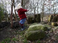 a little boy standing in the woods near some rocks and trees with no leaves on them