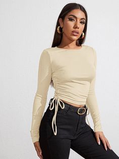 Autumn Pullover Long Sleeve T-shirt: Women's Drawstring Slim Short Solid Color Top Yoga Sets Outfit, Sets Outfit, Plaid Pullover, Loose Trousers, Slim Shorts, Casual Tops For Women, Leather Dresses, Casual Top, Summer Outfits Women