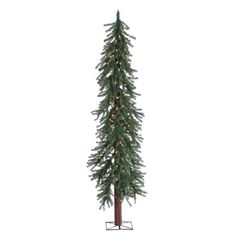 a tall christmas tree with lights on it's branches and a metal stand in the middle