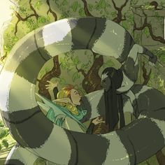 an animated image of two people in a snake - like tunnel