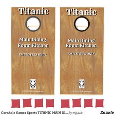 two cornhole game boards with the words atlantic and main dining room kitchen employees only