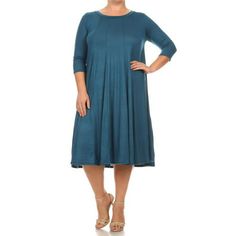 Women's casual Basic style solid 3/4 sleeve maxi dress. A line, Round neck ,casual style,3/4 sleeve, loose fit ,swing hem and pleated t-shirt flowy dress, simple and classy design. Size: 2X.  Color: Blue.  Gender: female.  Age Group: adult. Blue Dress Plus Size, Best Plus Size Dresses, Midi Skirt Casual, Solid Midi Dress, Moa Collection, Solid Color Dress, Midi Dress Casual, Plus Size Activewear, Women's Slippers