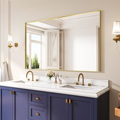 a bathroom with two sinks and a large mirror on the wall above it is shown