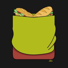 a green bag filled with sandwiches on top of a black background