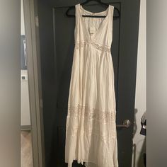 Free People - White Maxi Dress White Cotton Maxi Dress With Lace Trim, Chic Off-white Cotton Maxi Dress, Casual Cream Maxi Dress With Lace Trim, White Lace Trim Maxi Dress For Day Out, Off-white Maxi Dress With Lace Trim For Vacation, White Lace Trim Sundress Maxi Dress, Off White Sleeveless Maxi Dress With Lace Trim, Off-white V-neck Sundress Maxi Dress, White Flowy Cotton Maxi Dress