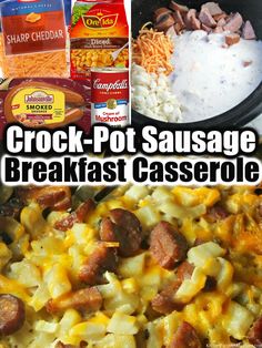 the crock pot sausage breakfast casserole is ready to be eaten and served